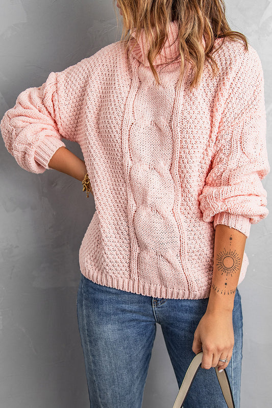 Pink Turtleneck Cable Knit Sweater